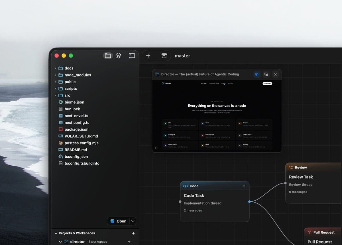 Director's browser showing the Director website inside a workspace next to an agent.