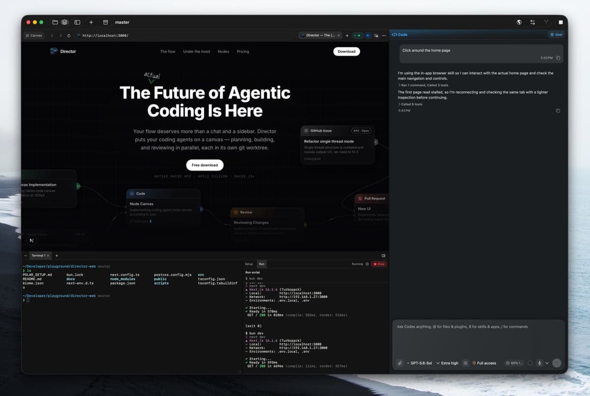 Director's browser open beside an agent conversation and running development server.