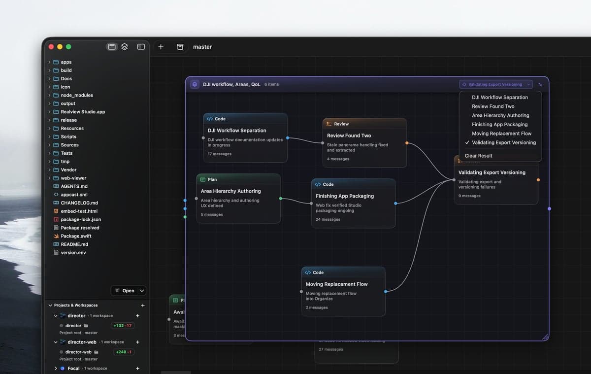 Director compound node expanded over connected plan, code, and review nodes.
