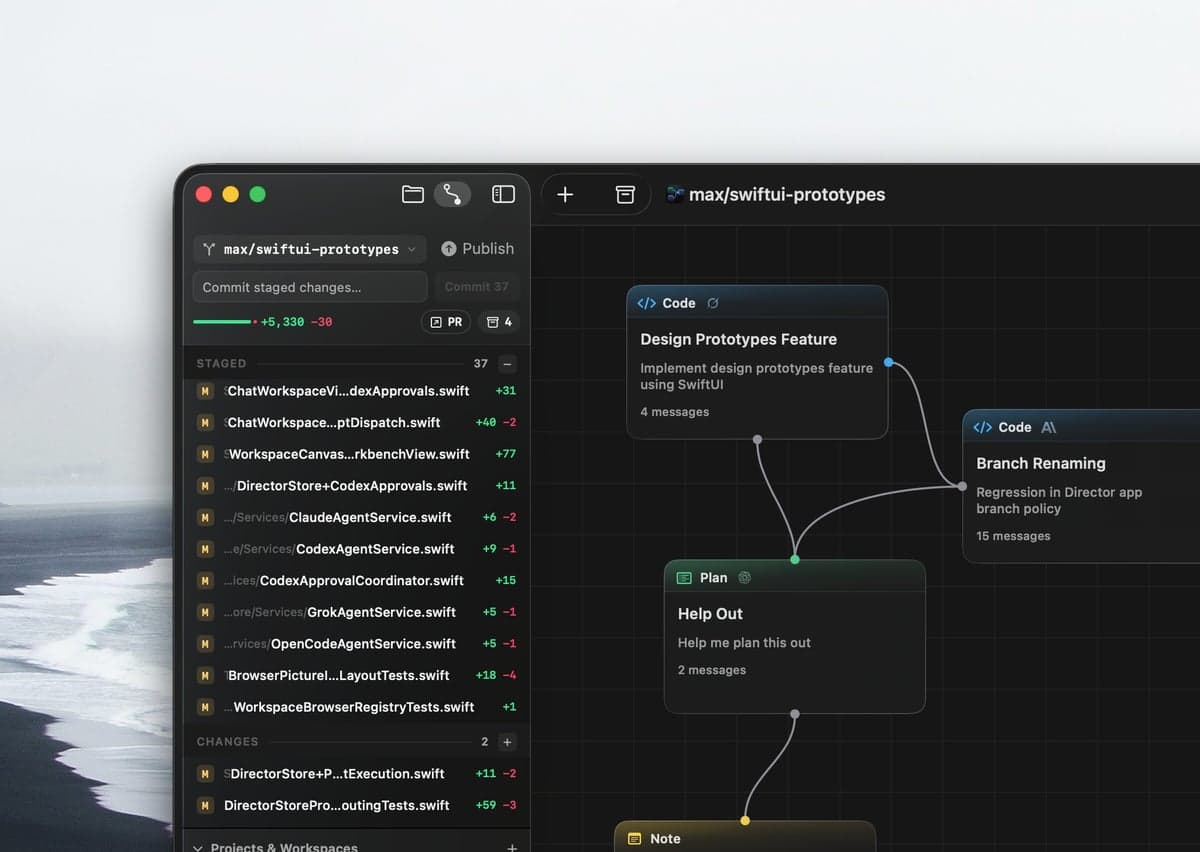 Director's Git sidebar with staged changes, commit controls, and stashes