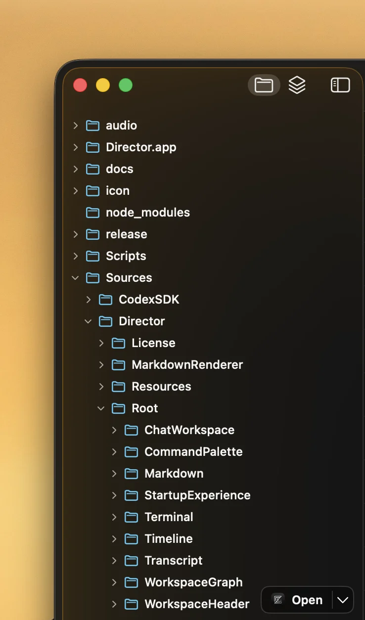 Director file tree expanded through the app source folders