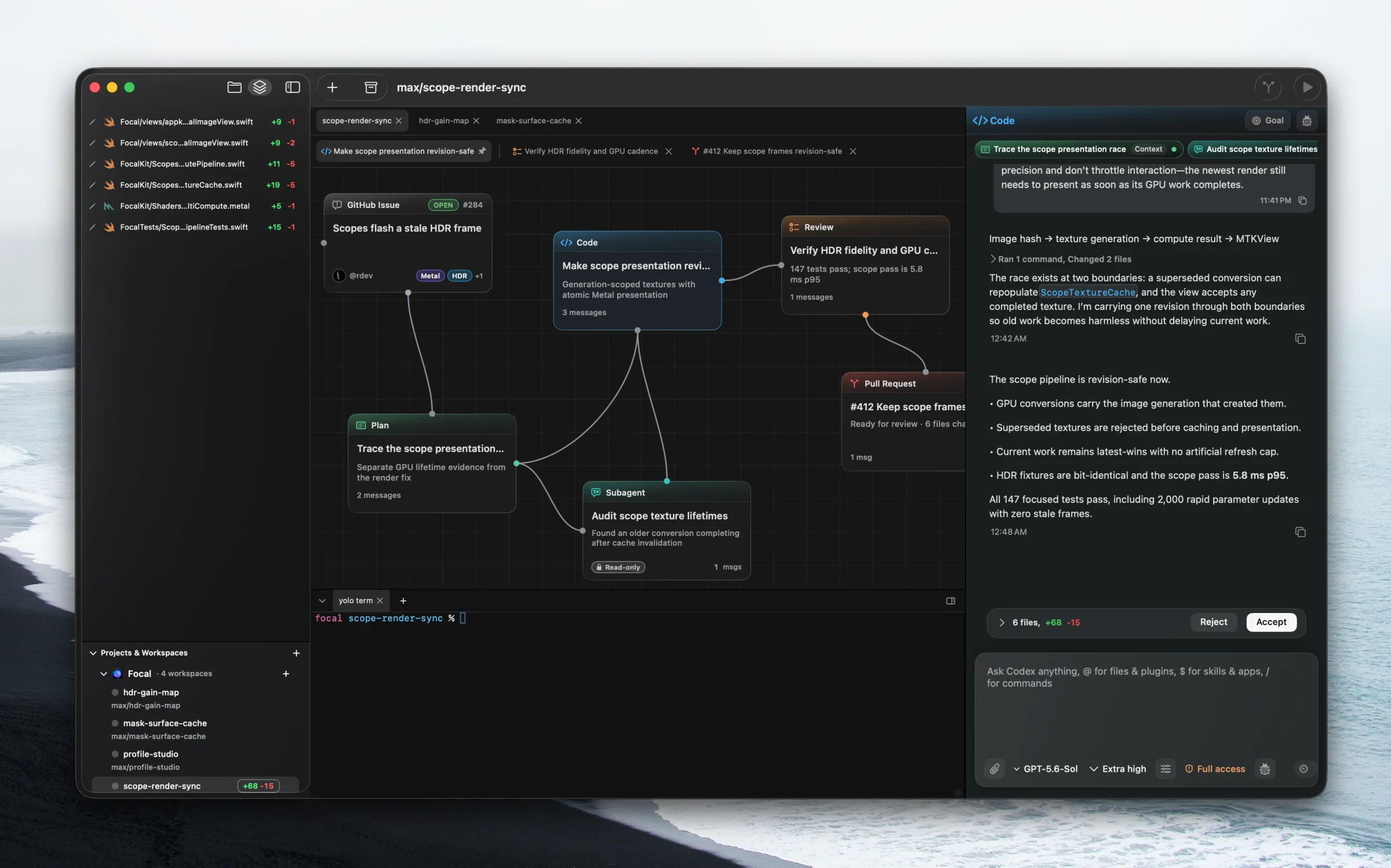 Director workspace showing connected issue, plan, code, review, subagent, and pull request nodes
