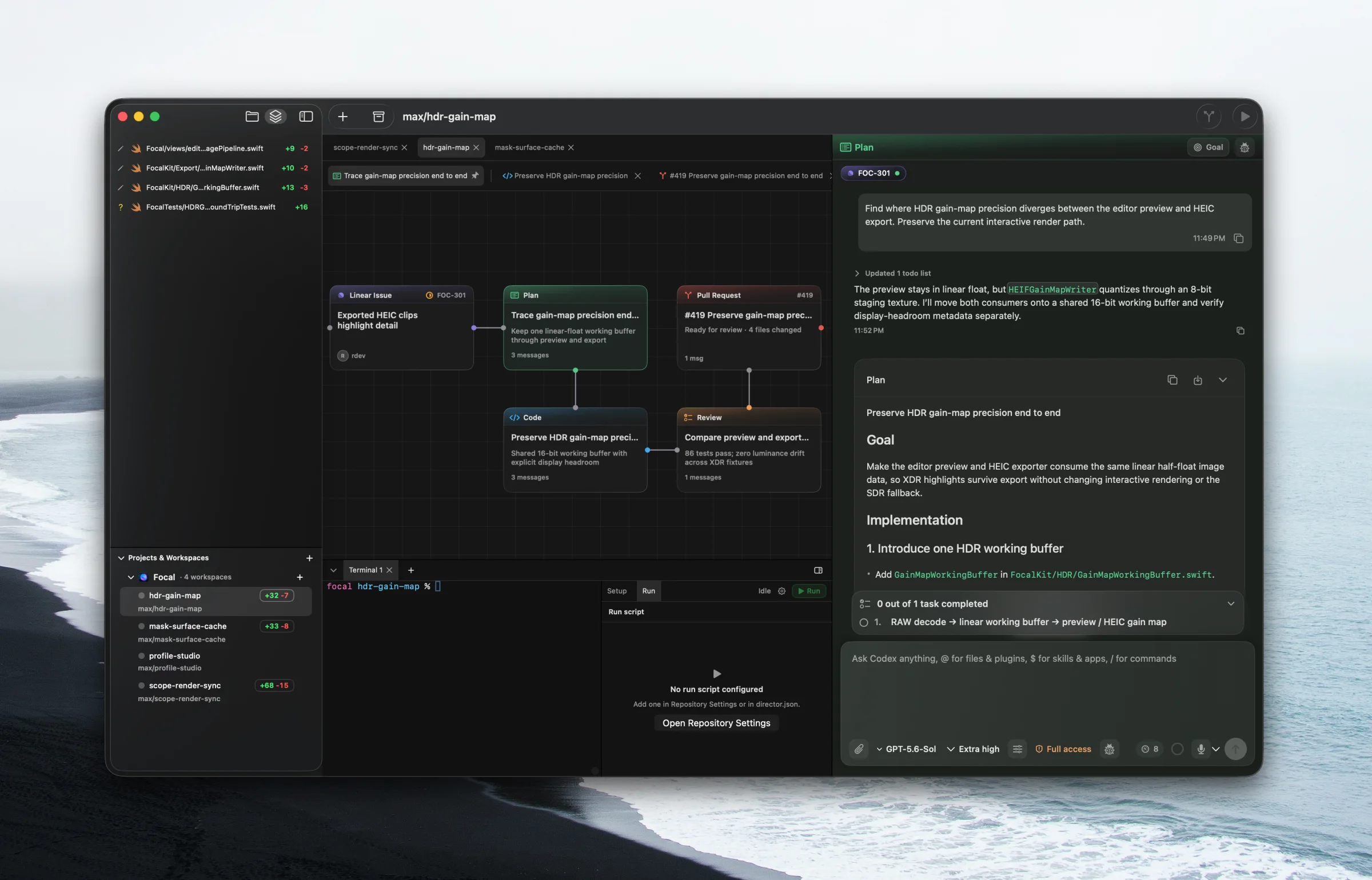 Director workspace with a connected plan node and its implementation plan open beside the canvas