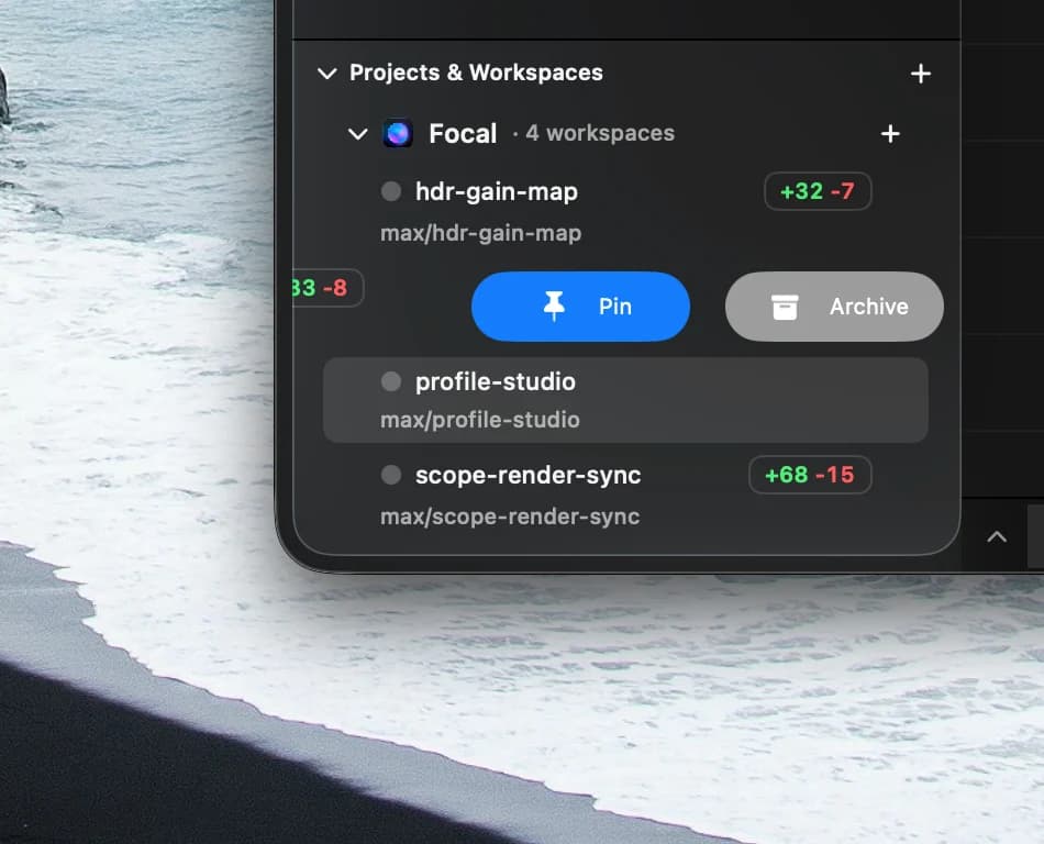 Director project sidebar showing workspace controls and change counts